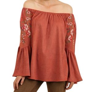 Umgee Rust Suede Off the Shoulder Floral & Lace Embroidered Bell Sleeve Top